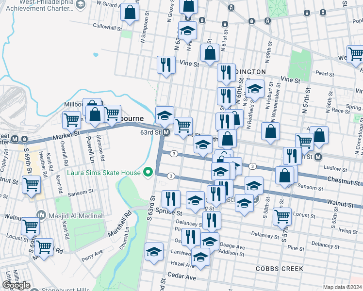 map of restaurants, bars, coffee shops, grocery stores, and more near 6148 Ludlow Street in Philadelphia