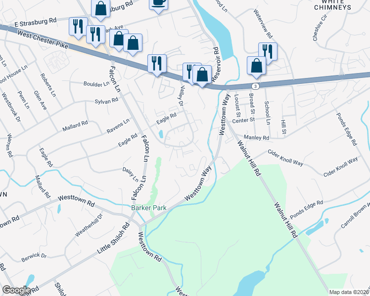 map of restaurants, bars, coffee shops, grocery stores, and more near 1510 Valley Drive in West Chester