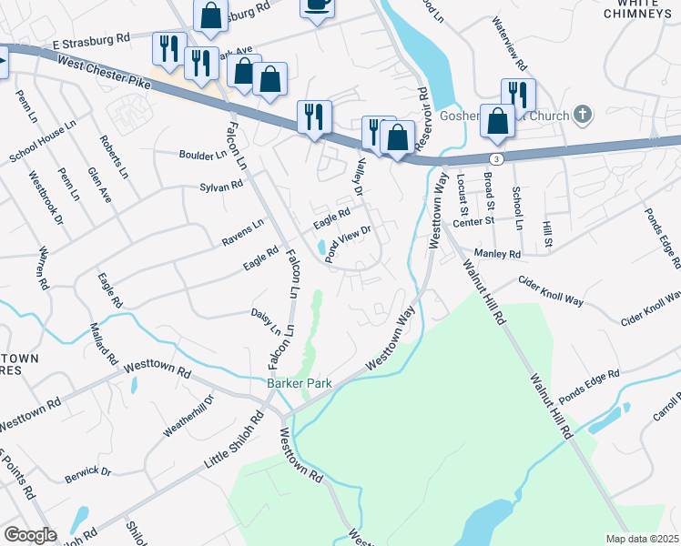 map of restaurants, bars, coffee shops, grocery stores, and more near 1903 Valley Drive in West Chester