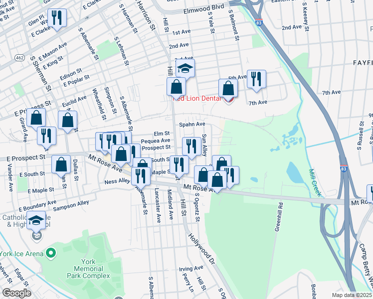 map of restaurants, bars, coffee shops, grocery stores, and more near 1346 East Prospect Street in York