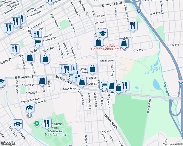map of restaurants, bars, coffee shops, grocery stores, and more near 1204 East Prospect Street in York