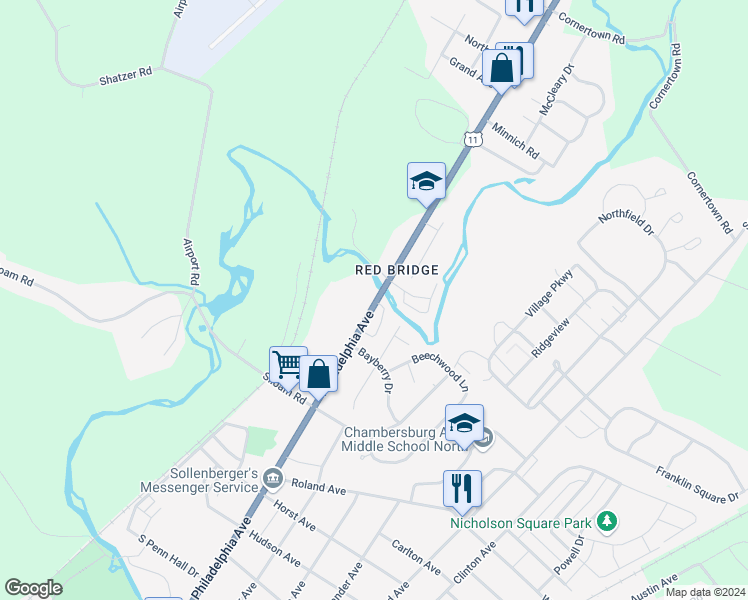 map of restaurants, bars, coffee shops, grocery stores, and more near 1986 Philadelphia Avenue in Chambersburg
