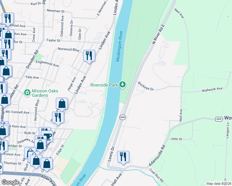 map of restaurants, bars, coffee shops, grocery stores, and more near 1750 North River Road East in Zanesville