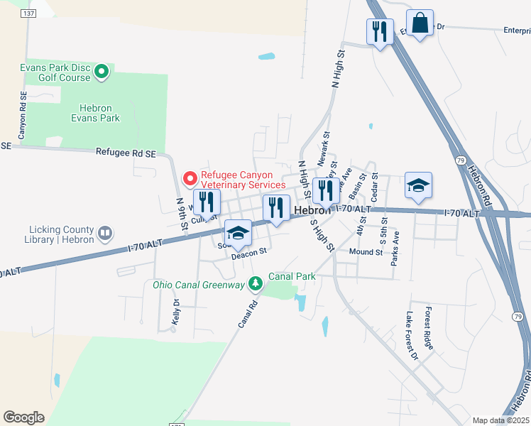 map of restaurants, bars, coffee shops, grocery stores, and more near 130 West Main Street in Hebron
