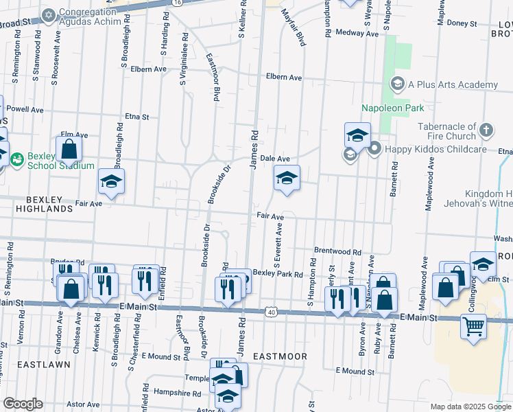 map of restaurants, bars, coffee shops, grocery stores, and more near in Columbus