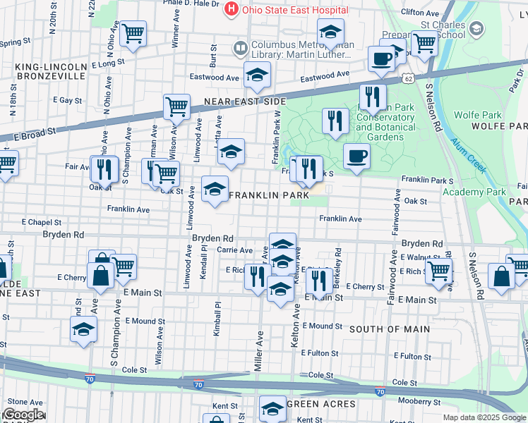 map of restaurants, bars, coffee shops, grocery stores, and more near 245 Miller Avenue in Columbus