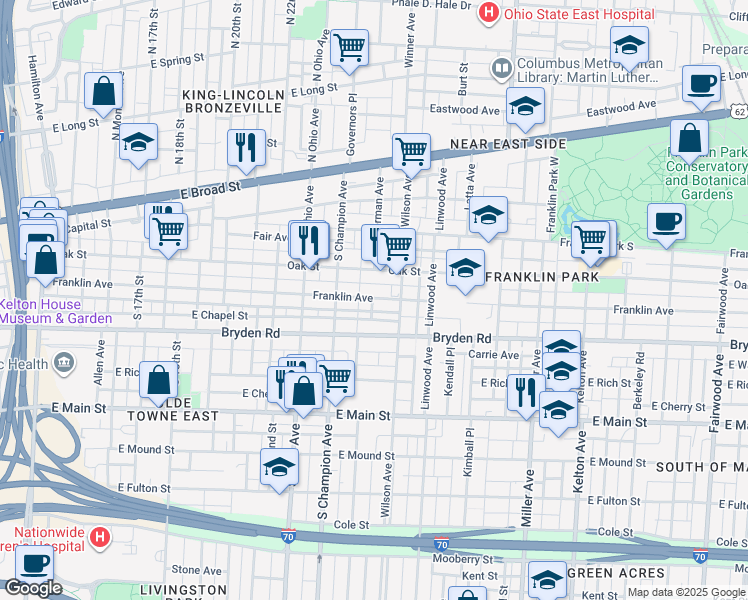 map of restaurants, bars, coffee shops, grocery stores, and more near 1199 Franklin Avenue in Columbus
