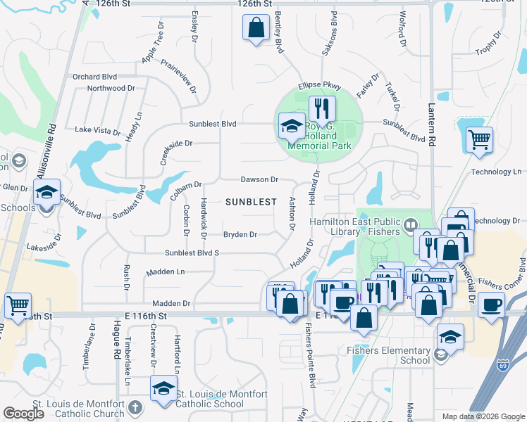 map of restaurants, bars, coffee shops, grocery stores, and more near 7834 Ashton Lane in Fishers