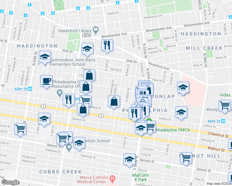 map of restaurants, bars, coffee shops, grocery stores, and more near 47 North Yewdall Street in Philadelphia
