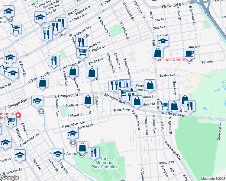 map of restaurants, bars, coffee shops, grocery stores, and more near 955 East Prospect Street in York