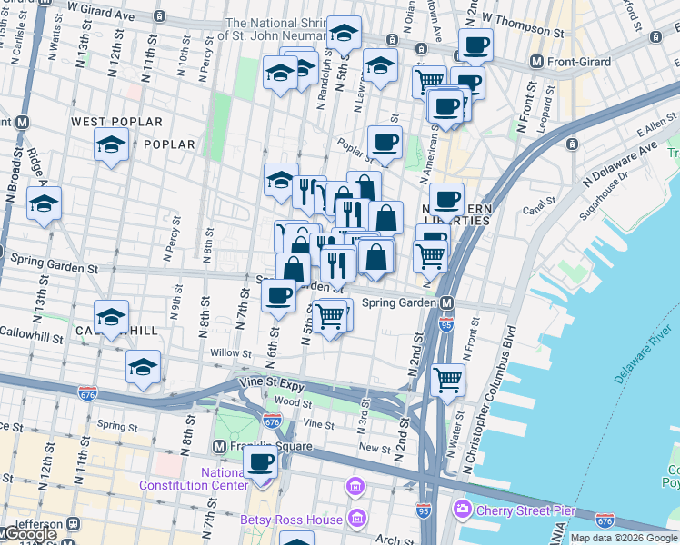 map of restaurants, bars, coffee shops, grocery stores, and more near 553 North Lawrence Street in Philadelphia