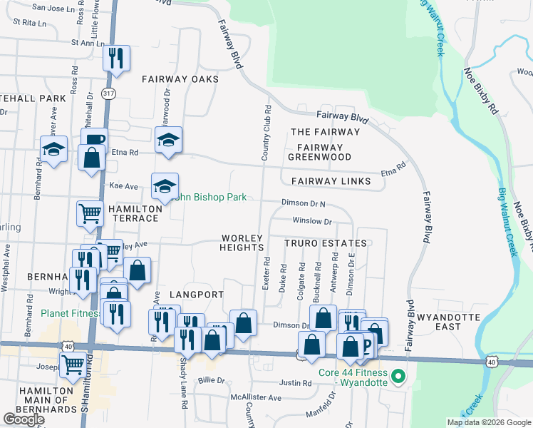 map of restaurants, bars, coffee shops, grocery stores, and more near 797 Exeter Road in Columbus