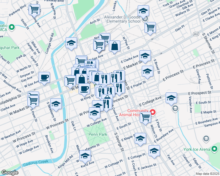 map of restaurants, bars, coffee shops, grocery stores, and more near 98 South Duke Street in York