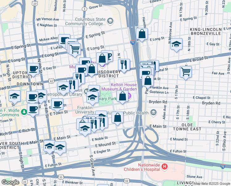 map of restaurants, bars, coffee shops, grocery stores, and more near 527 Franklin Avenue in Columbus