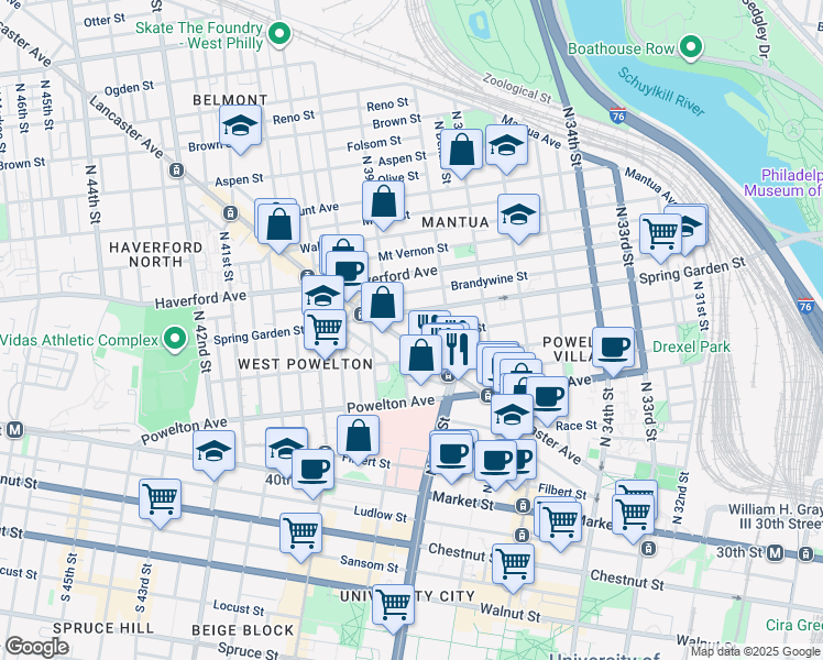 map of restaurants, bars, coffee shops, grocery stores, and more near 3841 Hamilton Street in Philadelphia