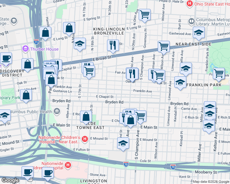map of restaurants, bars, coffee shops, grocery stores, and more near 1033 Gustavus Lane in Columbus