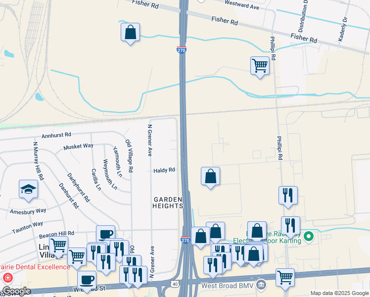 map of restaurants, bars, coffee shops, grocery stores, and more near Jack Nicklaus Freeway in Columbus
