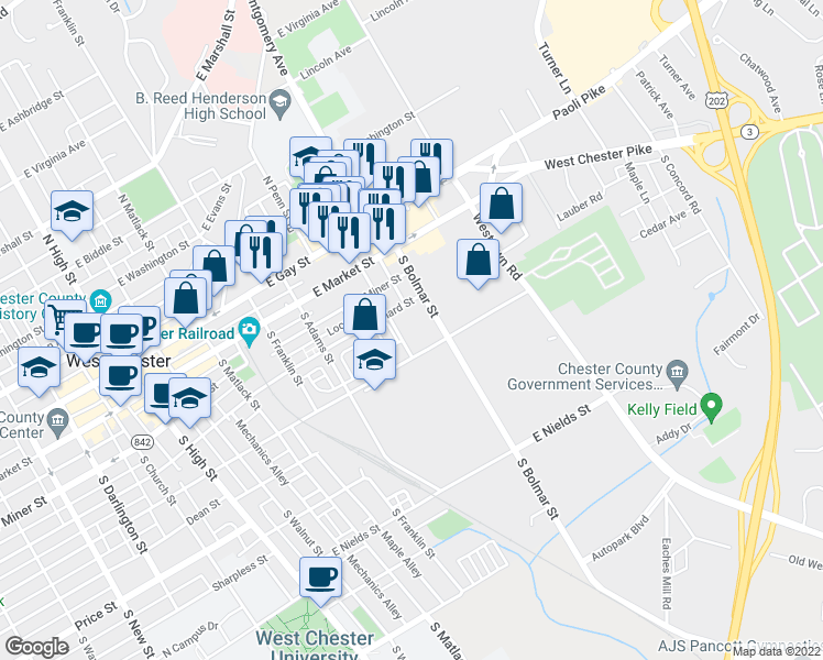 map of restaurants, bars, coffee shops, grocery stores, and more near 225 South Worthington Street in West Chester