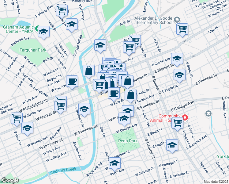 map of restaurants, bars, coffee shops, grocery stores, and more near 13 South Beaver Street in York