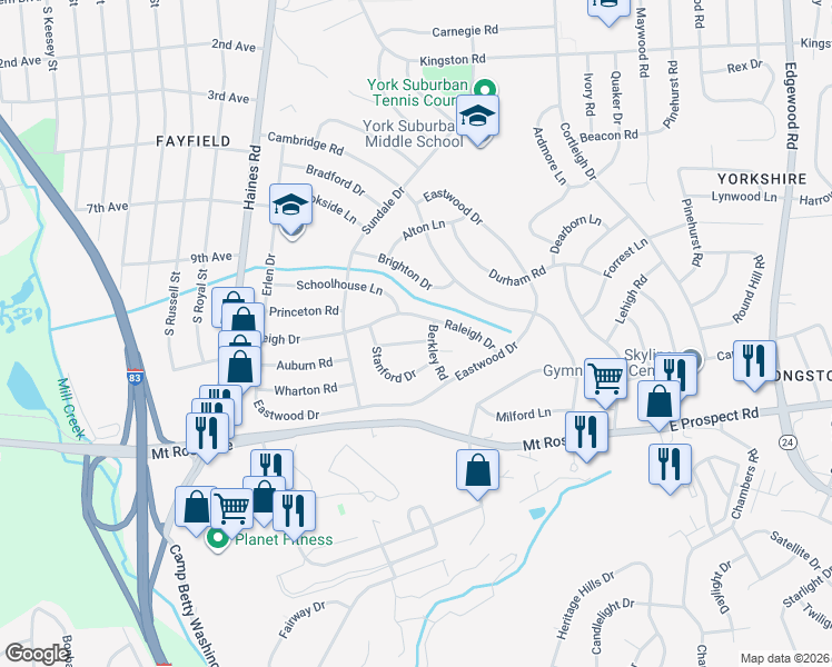 map of restaurants, bars, coffee shops, grocery stores, and more near 2575 Auburn Road in East York
