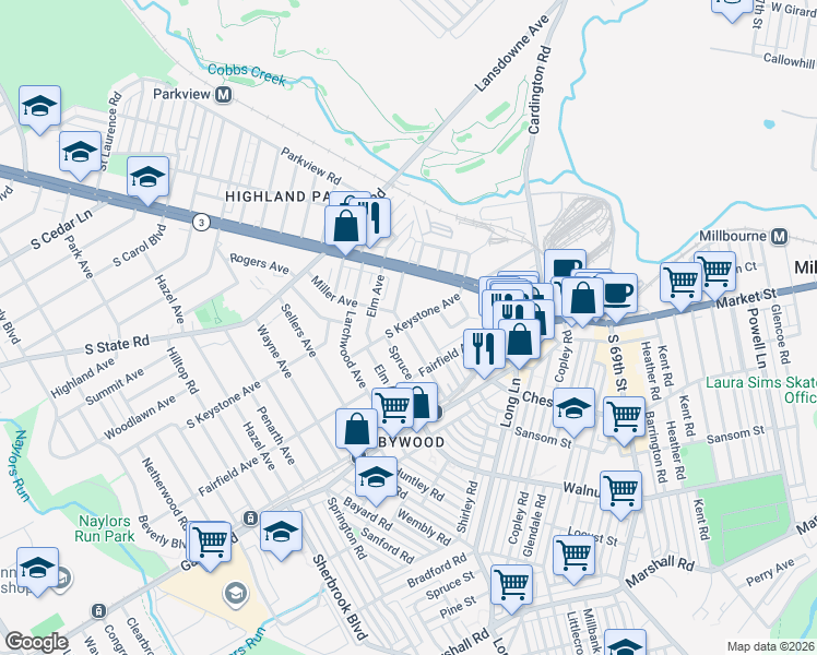 map of restaurants, bars, coffee shops, grocery stores, and more near 529 Winfield Avenue in Delaware County
