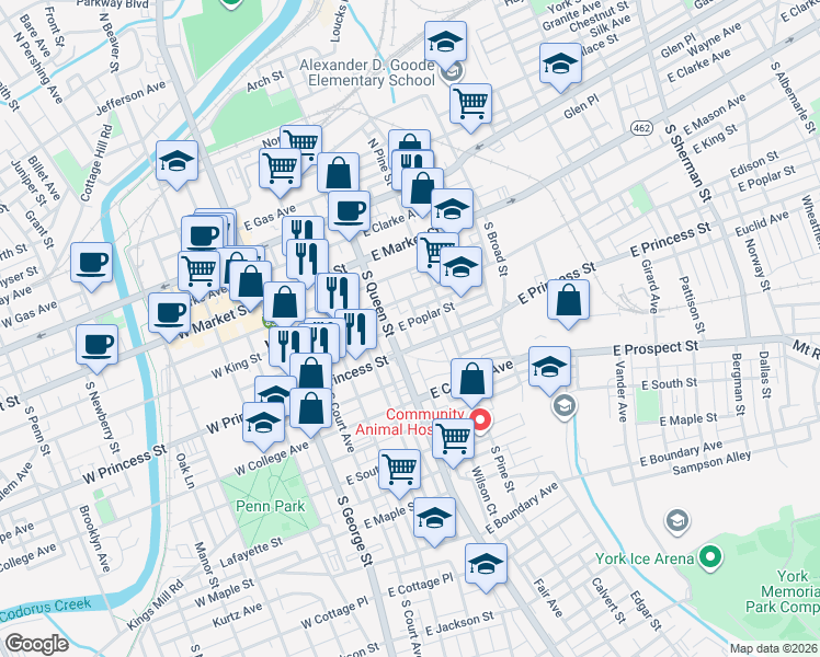 map of restaurants, bars, coffee shops, grocery stores, and more near 143 Susquehanna Avenue in York