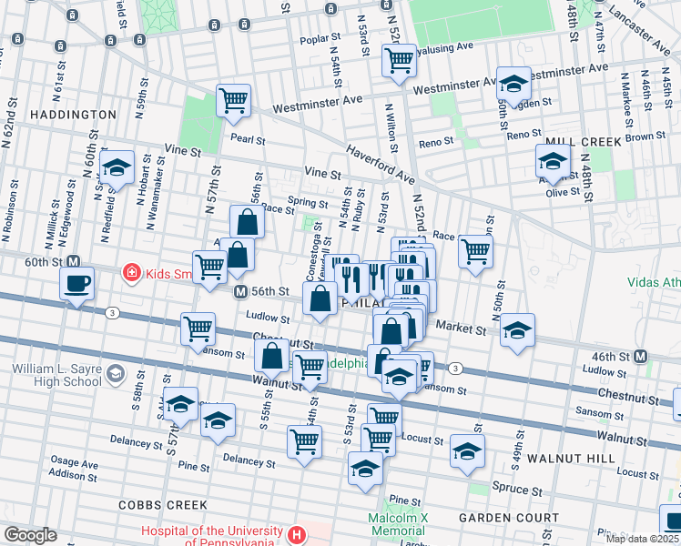 map of restaurants, bars, coffee shops, grocery stores, and more near 41 North 54th Street in Philadelphia