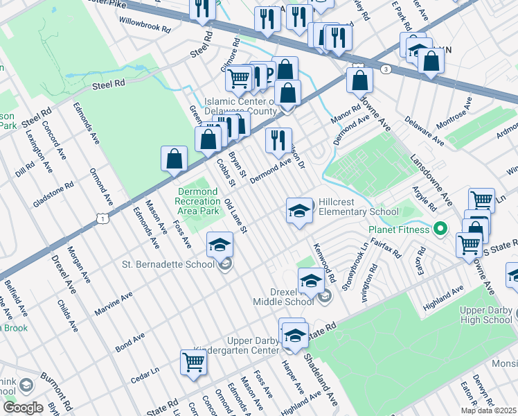 map of restaurants, bars, coffee shops, grocery stores, and more near 1110 Bryan Street in Drexel Hill