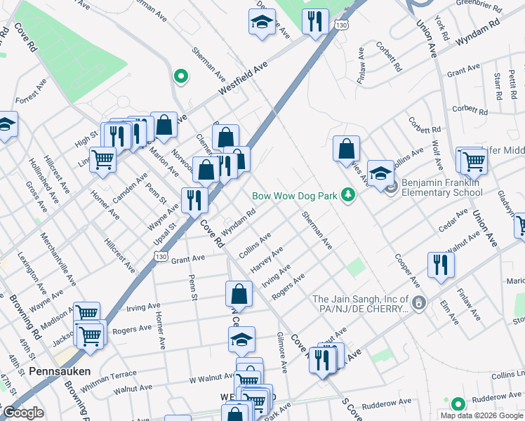 map of restaurants, bars, coffee shops, grocery stores, and more near 6745 Grant Avenue in Pennsauken Township