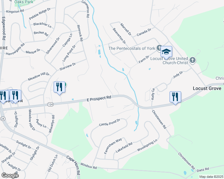 map of restaurants, bars, coffee shops, grocery stores, and more near 3045 East Prospect Road in York