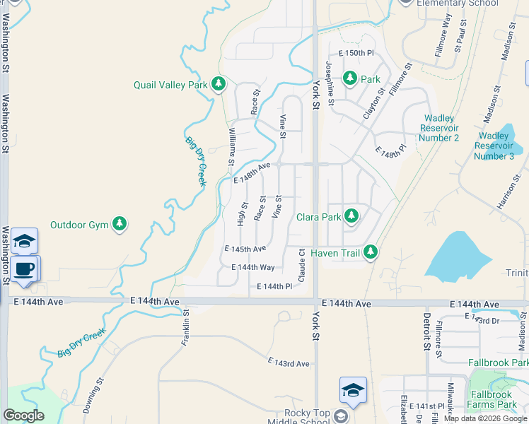 map of restaurants, bars, coffee shops, grocery stores, and more near 14648 Race Street in Thornton