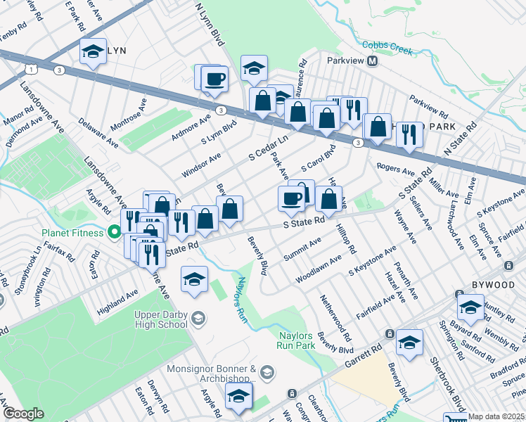 map of restaurants, bars, coffee shops, grocery stores, and more near 246 South Fairview Avenue in Upper Darby