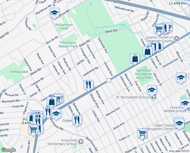 map of restaurants, bars, coffee shops, grocery stores, and more near 11 North Morgan Avenue in Havertown