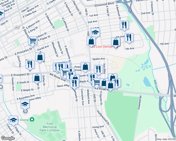 map of restaurants, bars, coffee shops, grocery stores, and more near 1256A East Prospect Street in York