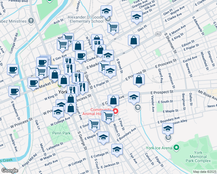 map of restaurants, bars, coffee shops, grocery stores, and more near 175 South Pine Street in York