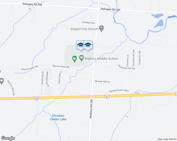 map of restaurants, bars, coffee shops, grocery stores, and more near 104 Longhollow Drive in Pataskala