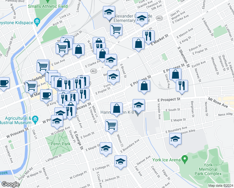 map of restaurants, bars, coffee shops, grocery stores, and more near 328 East Princess Street in York