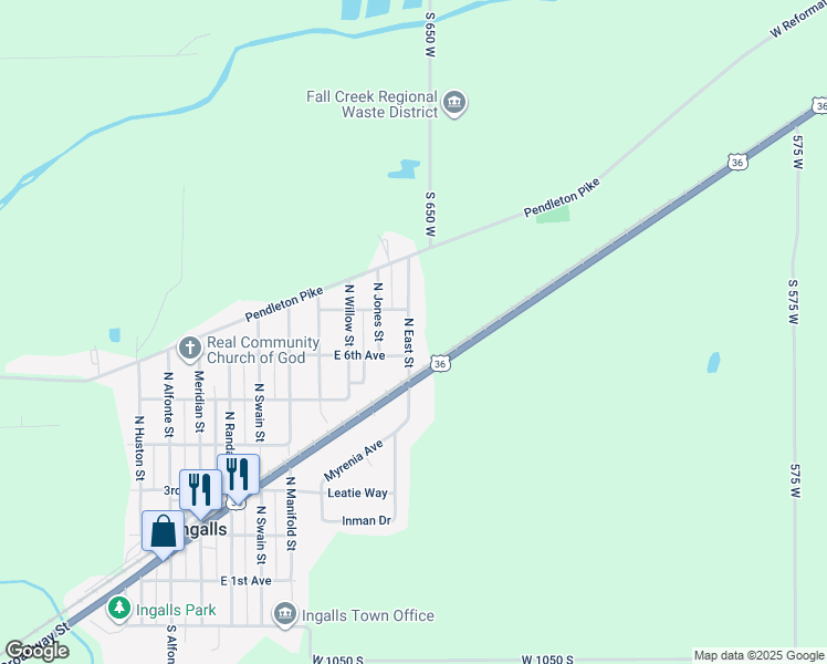 map of restaurants, bars, coffee shops, grocery stores, and more near 609 North East Street in Ingalls