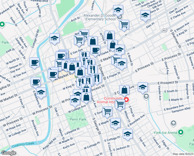 map of restaurants, bars, coffee shops, grocery stores, and more near 108 South Howard Street in York