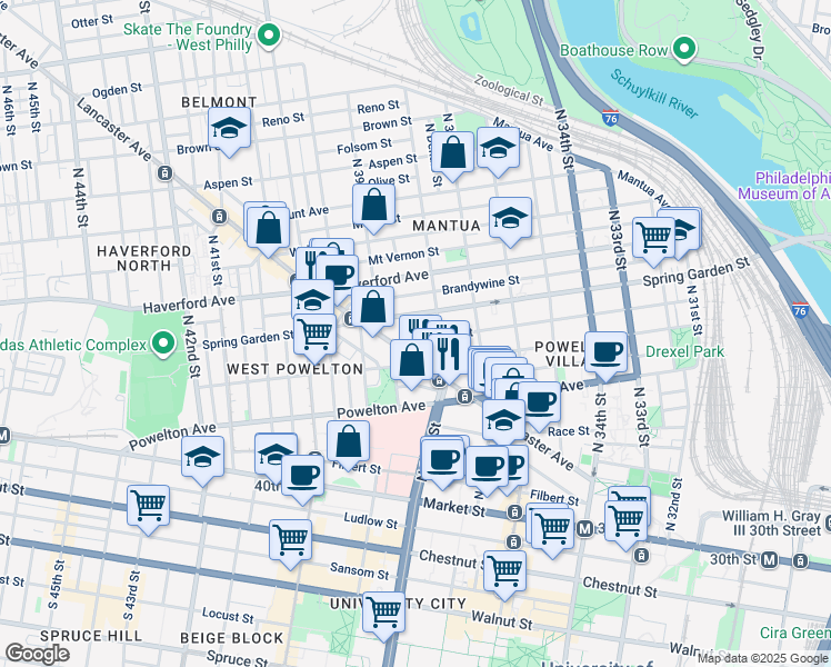 map of restaurants, bars, coffee shops, grocery stores, and more near 3827 Hamilton Street in Philadelphia