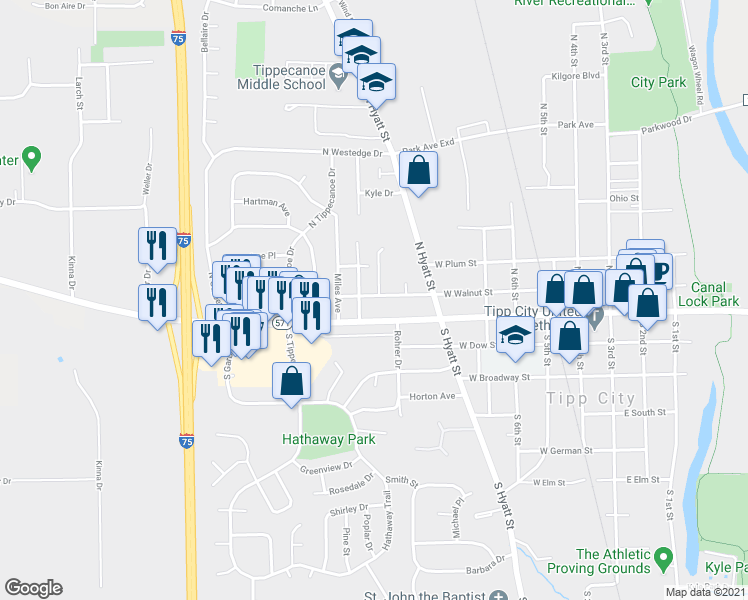 map of restaurants, bars, coffee shops, grocery stores, and more near 634 West Walnut Street in Tipp City