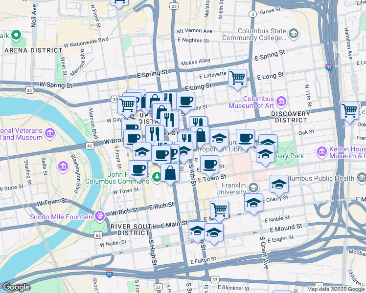 map of restaurants, bars, coffee shops, grocery stores, and more near 33 South 4th Street in Columbus