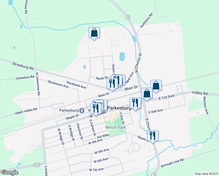map of restaurants, bars, coffee shops, grocery stores, and more near 311 Strasburg Avenue in Parkesburg