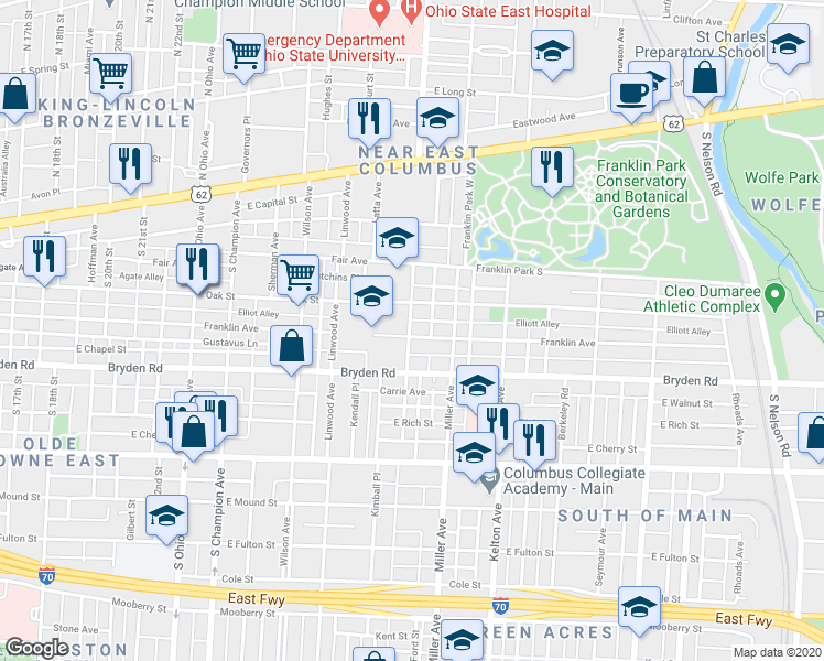map of restaurants, bars, coffee shops, grocery stores, and more near 1420 Franklin Avenue in Columbus
