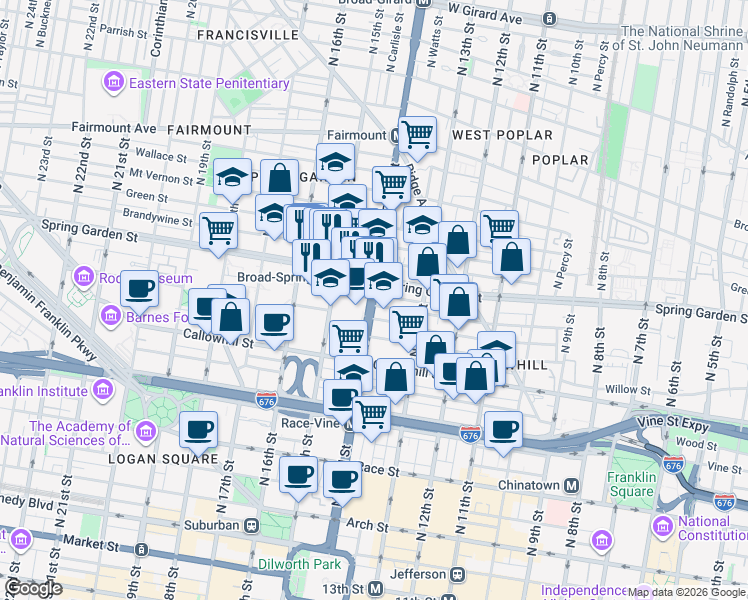 map of restaurants, bars, coffee shops, grocery stores, and more near 501 North Broad Street in Philadelphia