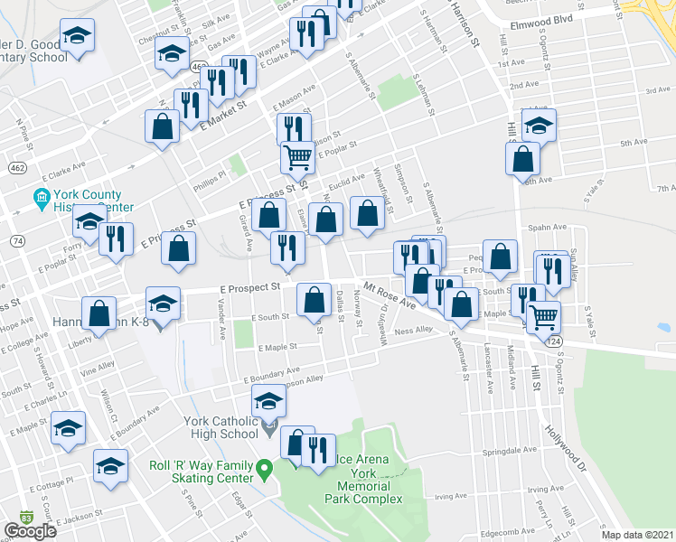 map of restaurants, bars, coffee shops, grocery stores, and more near 873 East Prospect Street in York