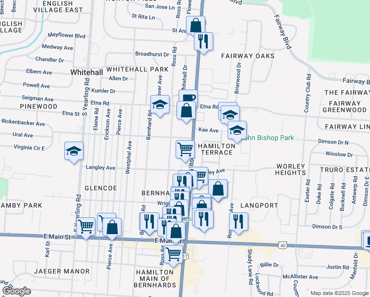 map of restaurants, bars, coffee shops, grocery stores, and more near 718 South Hamilton Road in Whitehall