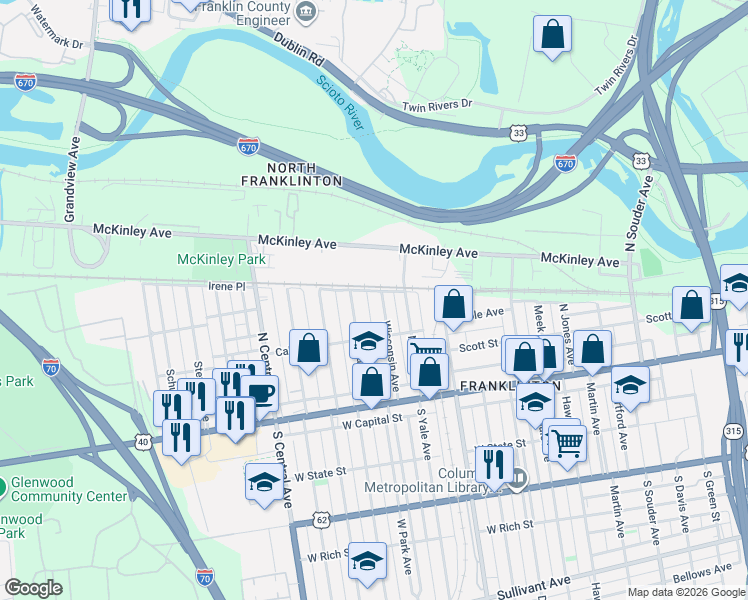 map of restaurants, bars, coffee shops, grocery stores, and more near 161 Wisconsin Avenue in Columbus