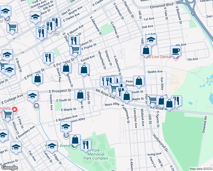 map of restaurants, bars, coffee shops, grocery stores, and more near 961 East Prospect Street in York