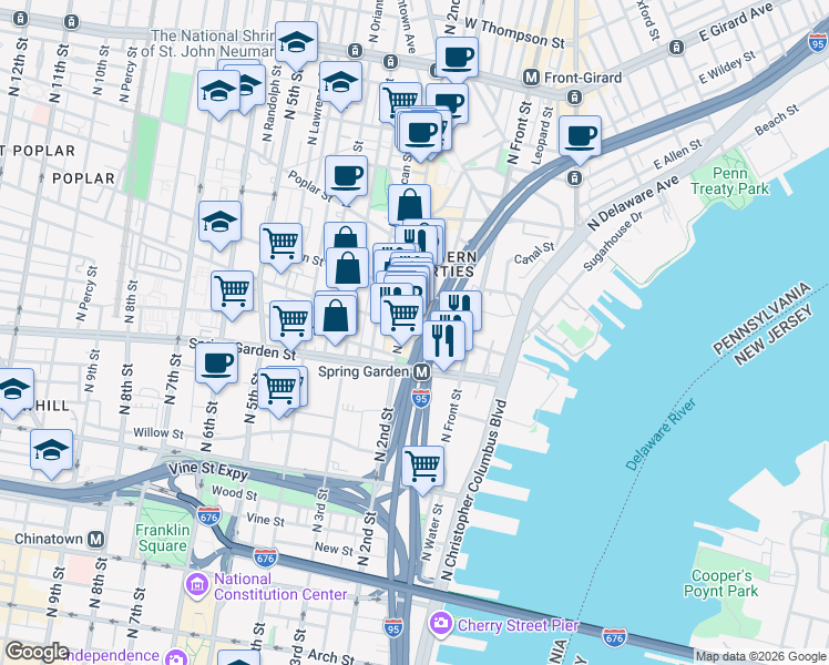 map of restaurants, bars, coffee shops, grocery stores, and more near 625 North 2nd Street in Philadelphia